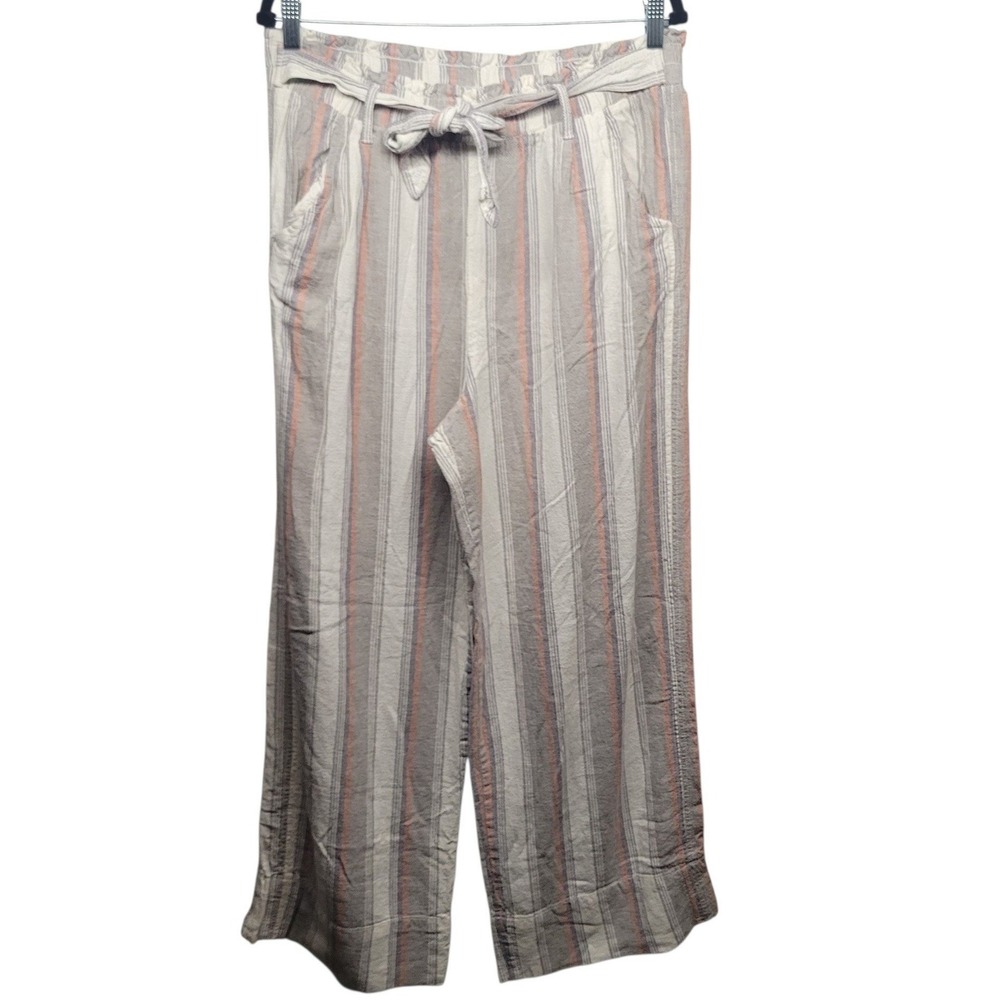 Knox Rose Womens XL Striped Wide Leg Linen Blend Paperbag Waist Tie Pants